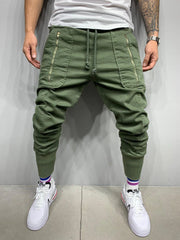 Men's Casual Sports Pants Classic 3D Zipper Patch Pocket Drawstring Elastic Cuff Pants Trendy Men