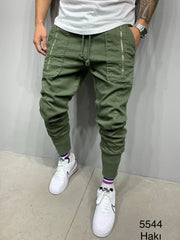 Men's Casual Sports Pants Classic 3D Zipper Patch Pocket Drawstring Elastic Cuff Pants Trendy Men