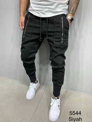 Men's Casual Sports Pants Classic 3D Zipper Patch Pocket Drawstring Elastic Cuff Pants Trendy Men