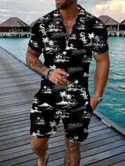 Independent Station Summer Men's T-Shirt Short Sleeve Turn-down Collar Casual Hawaiian Set