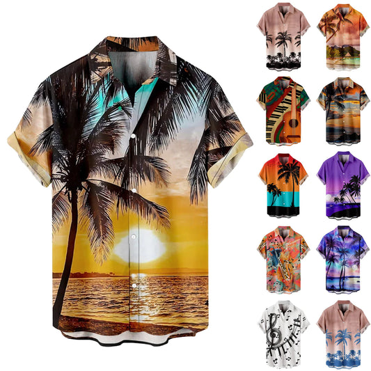 Hawaiian Bowling Shirts for Men 1950s Retro Music Print Summer Casual Short Sleeve Button Up Shirts Relaxed Fit Vintage Tops