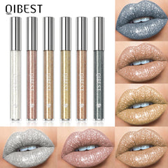 Qibest Diamond Liquid Lipstick Lippentönung 6 Farben Feuchtigkeitsspenstes langlebiges Make-up grau grau, funkelnder wasserdichtes Lipgloss-Kosmetik