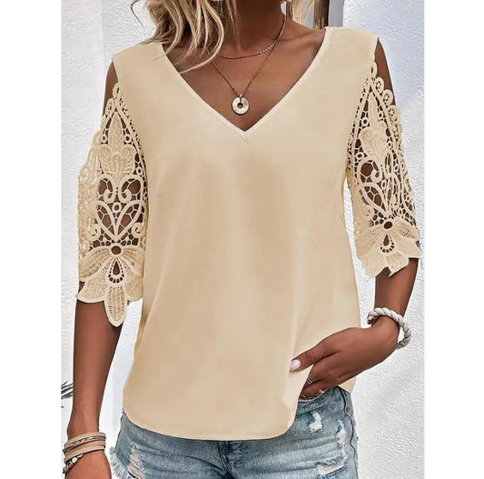 T-shirt da donna in pizzo a V-Neck Color Solid casual.