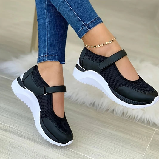 M.O.I Women's Wedge Mesh Hollow Out Casual Shoes, Solid Color Hook And Loop Shoes, Breathable Walking Shoes