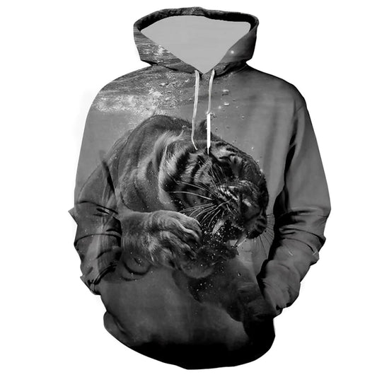 M.O.I Men's Spring and Autumn New Tiger 3D Digital Printing Personalized Sweater Pullover with Drawstring Sweater